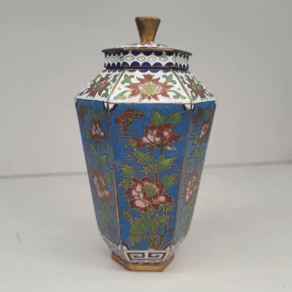 Vintage Chinese Cloisonné Blue Peony Butterfly Hexagonal Lidded Ginger Jar Decor